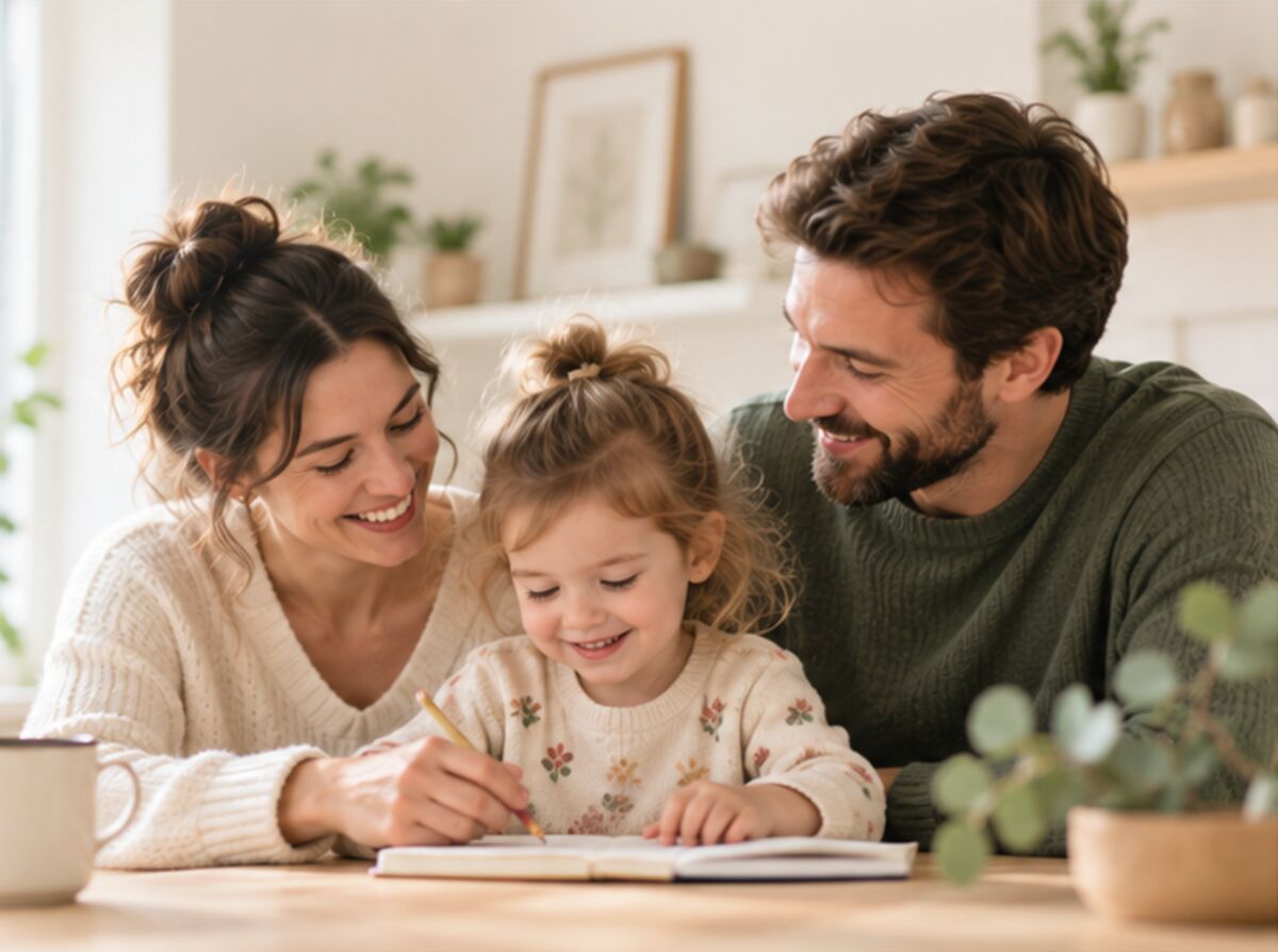 A smiling family planning their week together at the kitchen table